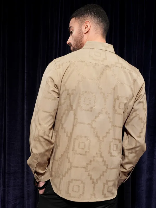 Locomotive Men Khaki Printed Slim Fit Casual Shirt