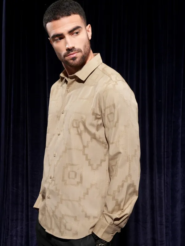 Locomotive Men Khaki Printed Slim Fit Casual Shirt
