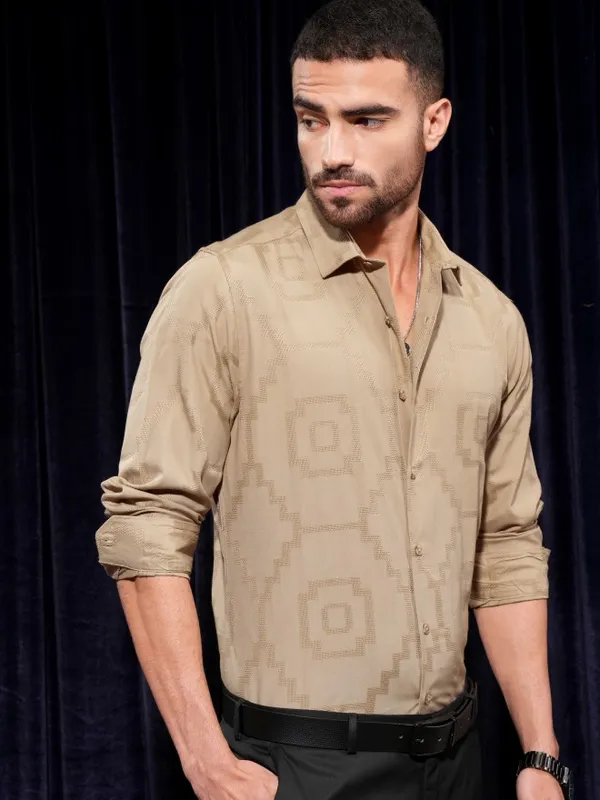 Locomotive Men Khaki Printed Slim Fit Casual Shirt