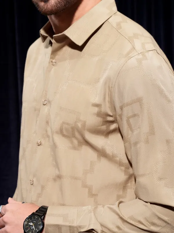 Locomotive Men Khaki Printed Slim Fit Casual Shirt