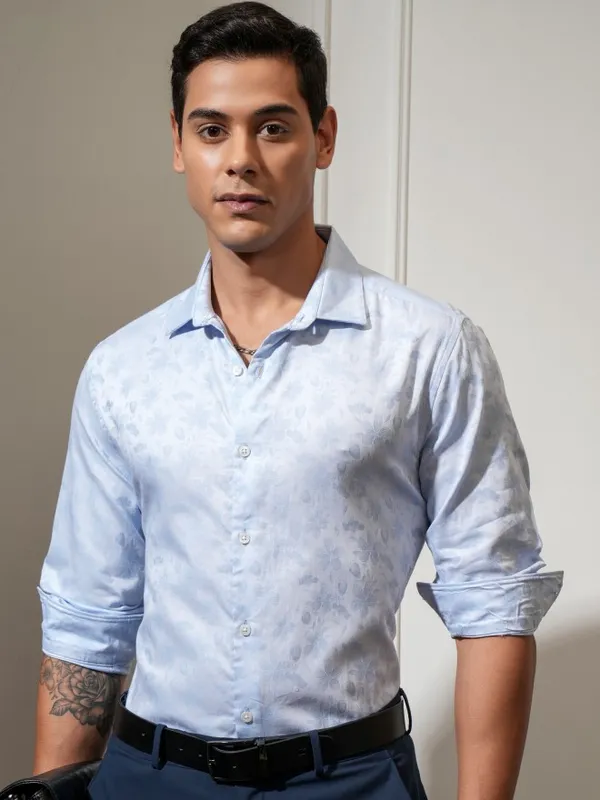 Locomotive Men Blue Printed Slim Fit Casual Shirt