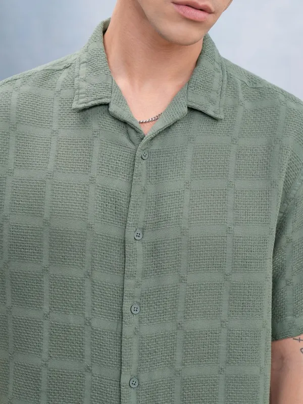 Highlander Men Olive Textured Relaxed Fit Casual Shirt