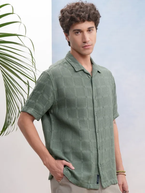 Highlander Men Olive Textured Relaxed Fit Casual Shirt