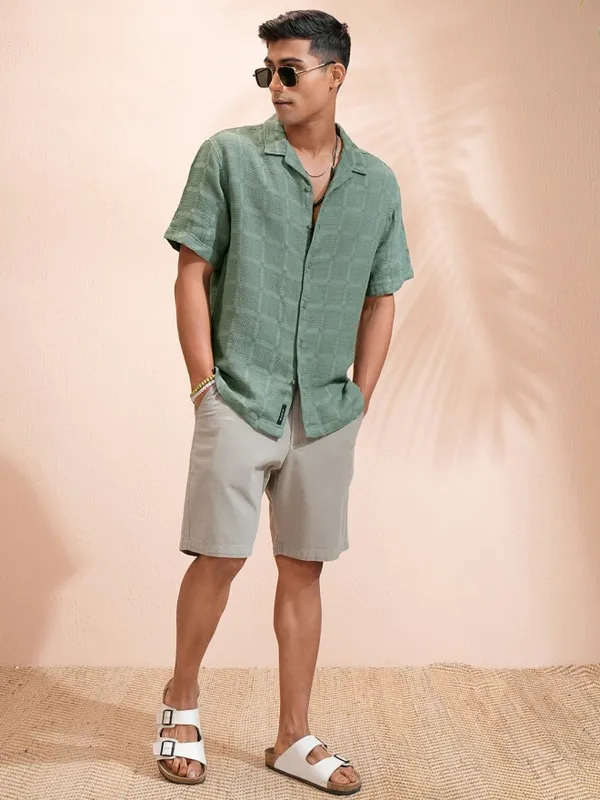Highlander Men Olive Textured Relaxed Fit Casual Shirt