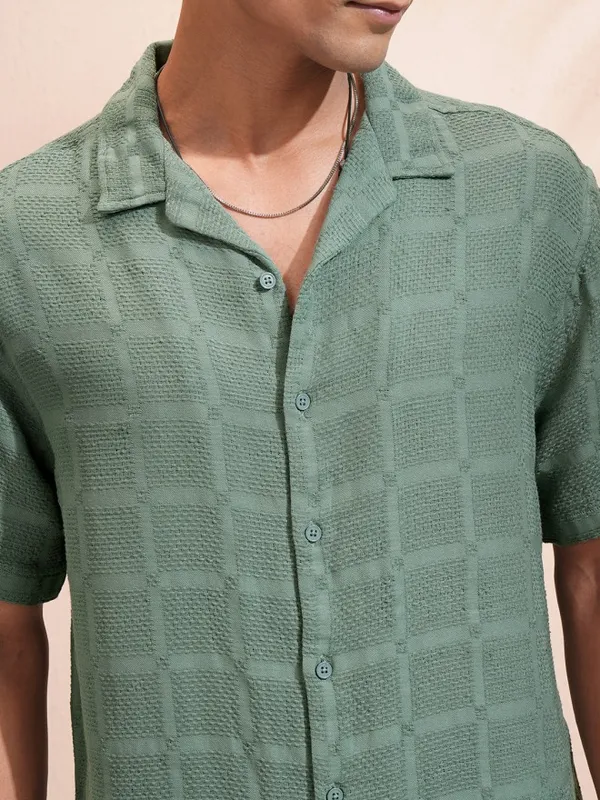 Highlander Men Olive Textured Relaxed Fit Casual Shirt