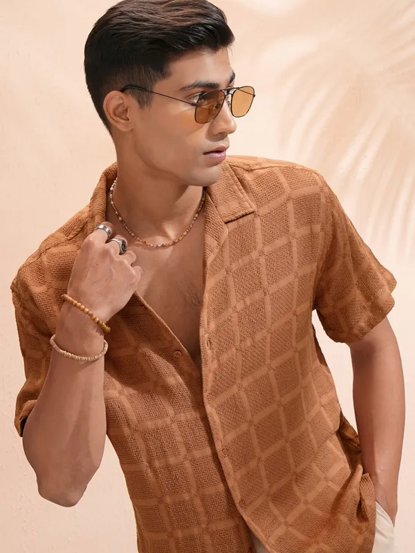 Highlander Men Brown Textured Relaxed Fit Casual Shirt