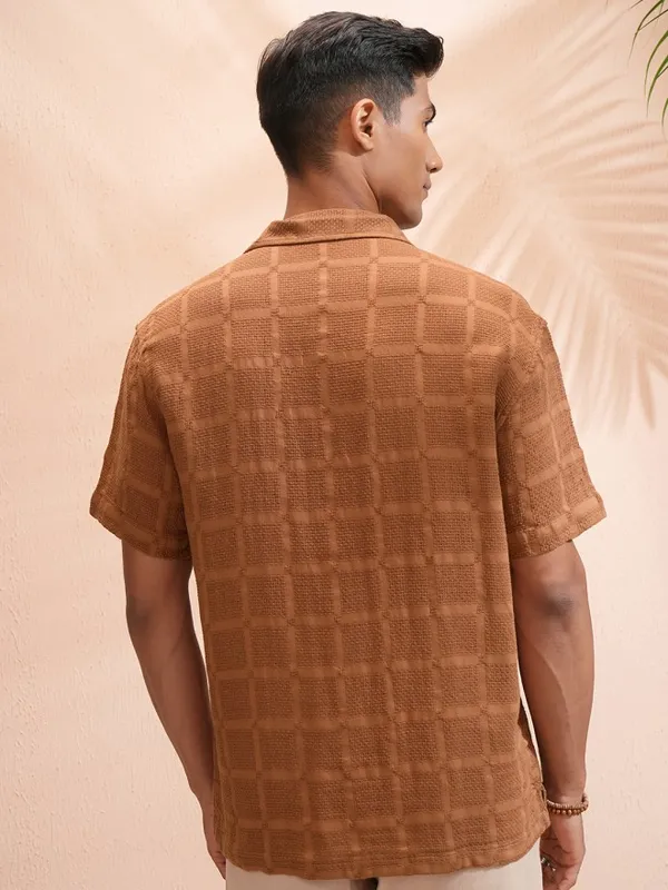 Highlander Men Brown Textured Relaxed Fit Casual Shirt