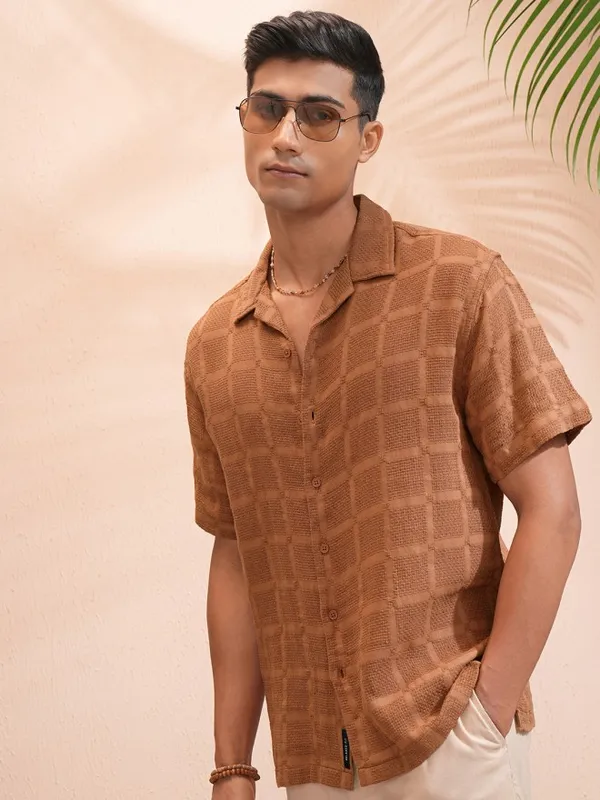 Highlander Men Brown Textured Relaxed Fit Casual Shirt