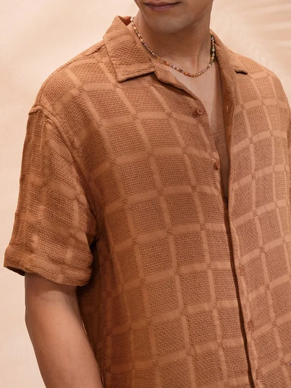 Highlander Men Brown Textured Relaxed Fit Casual Shirt