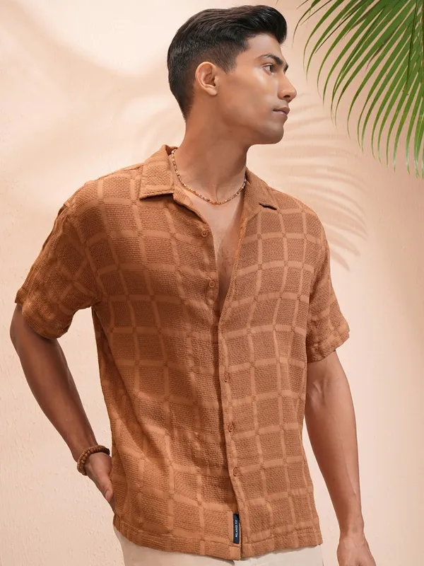 Highlander Men Brown Textured Relaxed Fit Casual Shirt