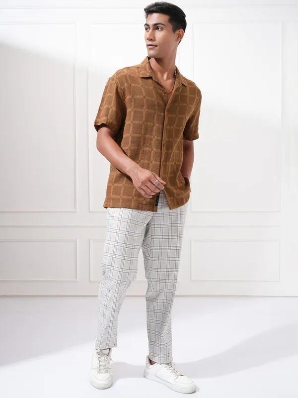 Highlander Men Brown Textured Relaxed Fit Casual Shirt