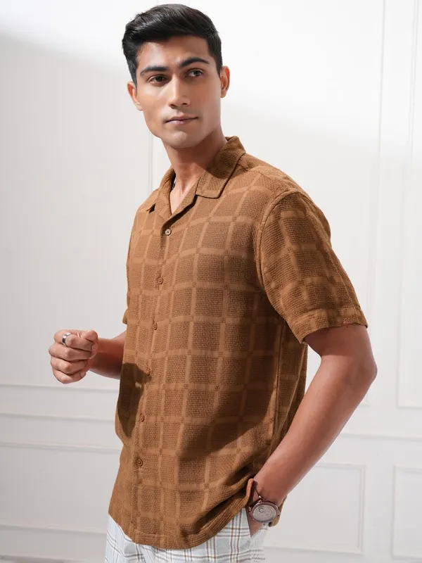 Highlander Men Brown Textured Relaxed Fit Casual Shirt