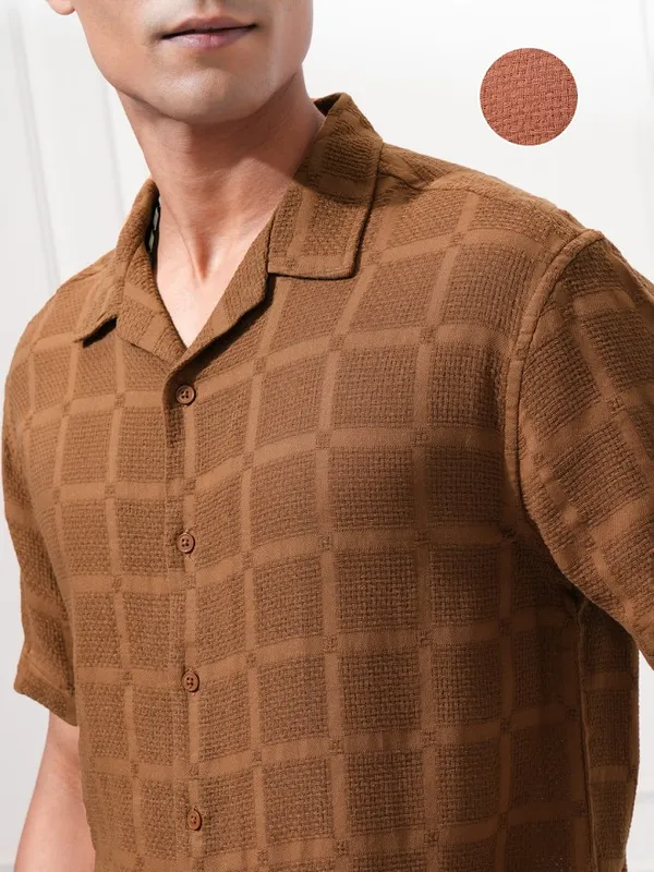 Highlander Men Brown Textured Relaxed Fit Casual Shirt