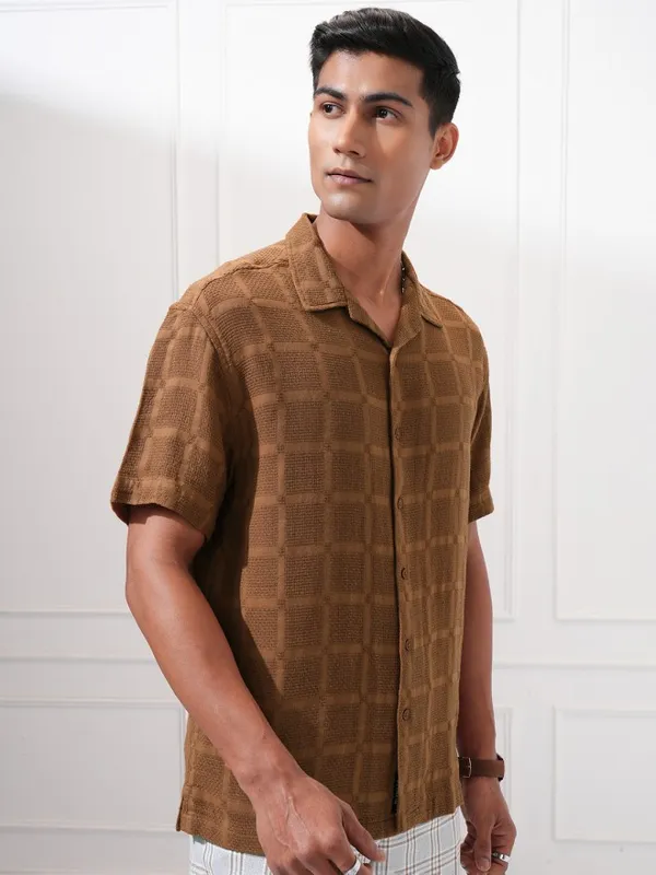 Highlander Men Brown Textured Relaxed Fit Casual Shirt