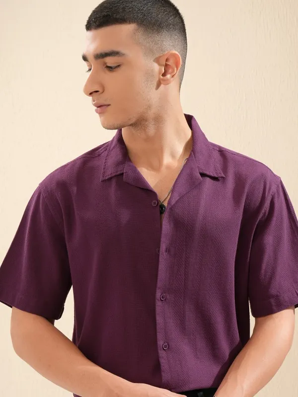 Highlander Men Purple Textured Relaxed Fit Casual Shirt