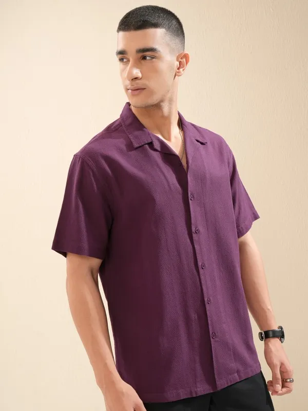 Highlander Men Purple Textured Relaxed Fit Casual Shirt