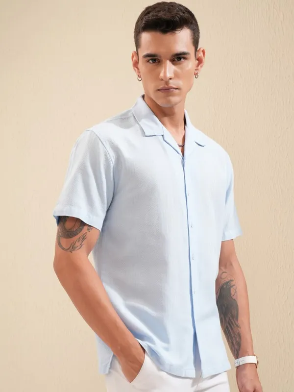 Highlander Men Blue Textured Relaxed Fit Casual Shirt
