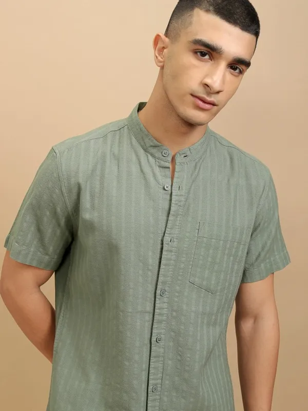 Highlander Men Sage Striped Regular Fit Casual Shirt