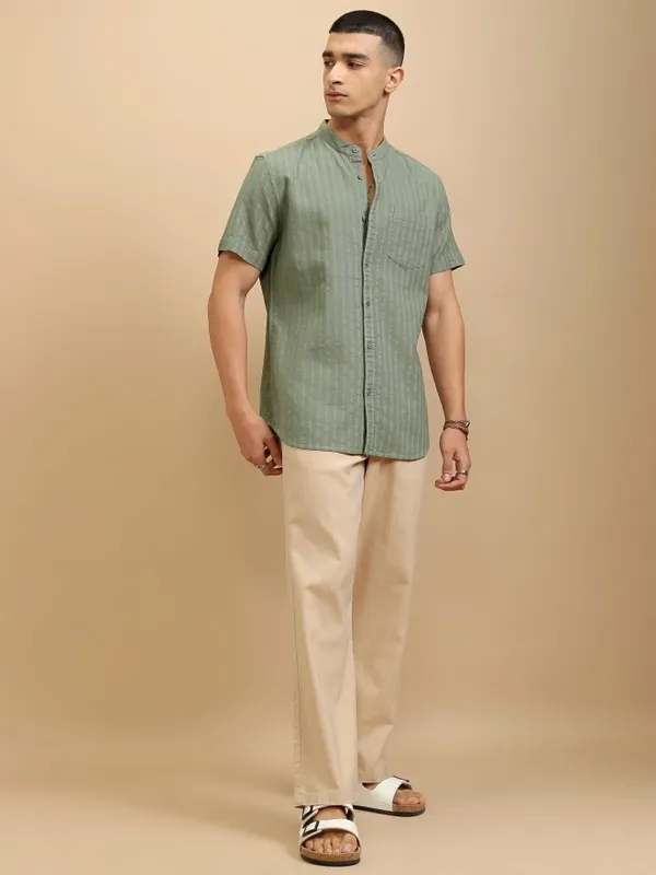 Highlander Men Sage Striped Regular Fit Casual Shirt