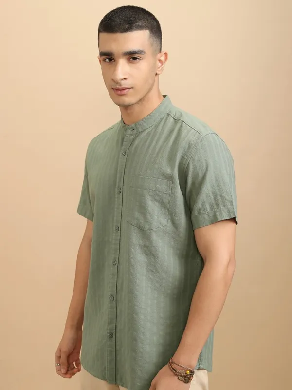 Highlander Men Sage Striped Regular Fit Casual Shirt