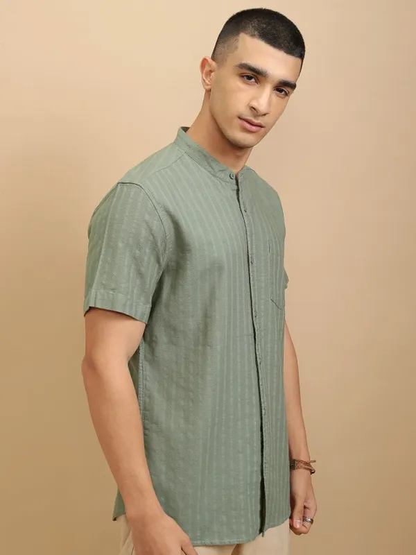 Highlander Men Sage Striped Regular Fit Casual Shirt
