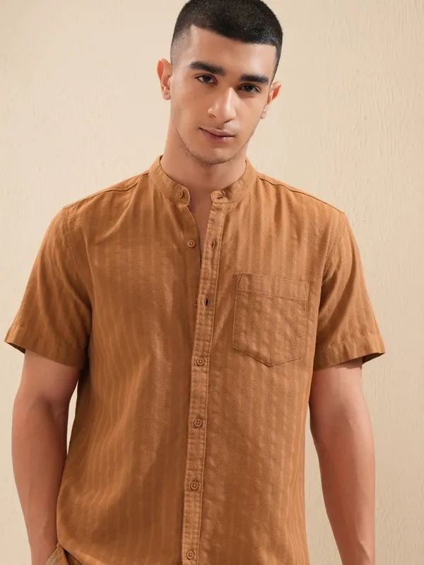 Highlander Men Brown Striped Regular Fit Casual Shirt