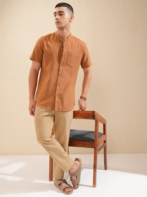 Highlander Men Brown Striped Regular Fit Casual Shirt