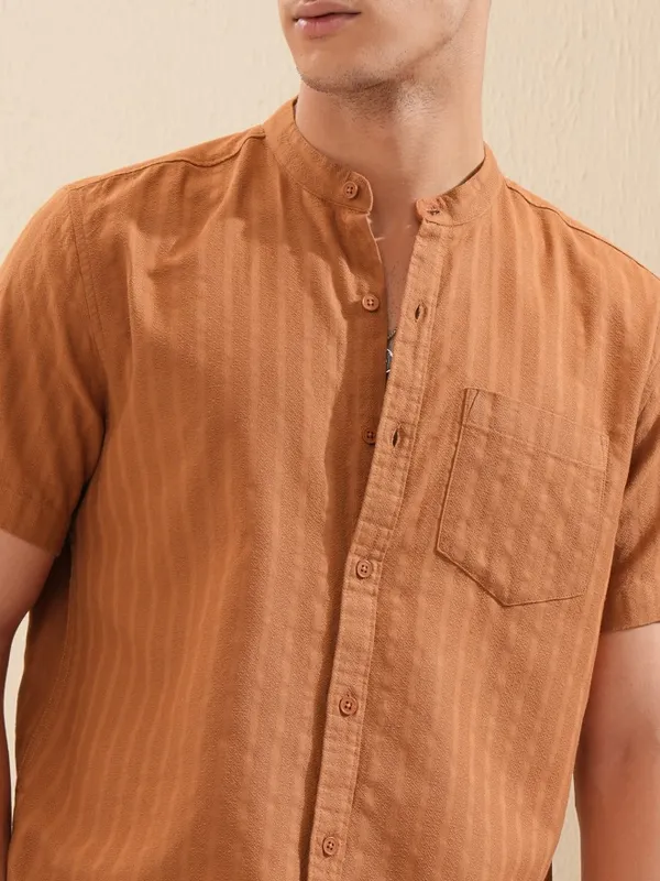 Highlander Men Brown Striped Regular Fit Casual Shirt