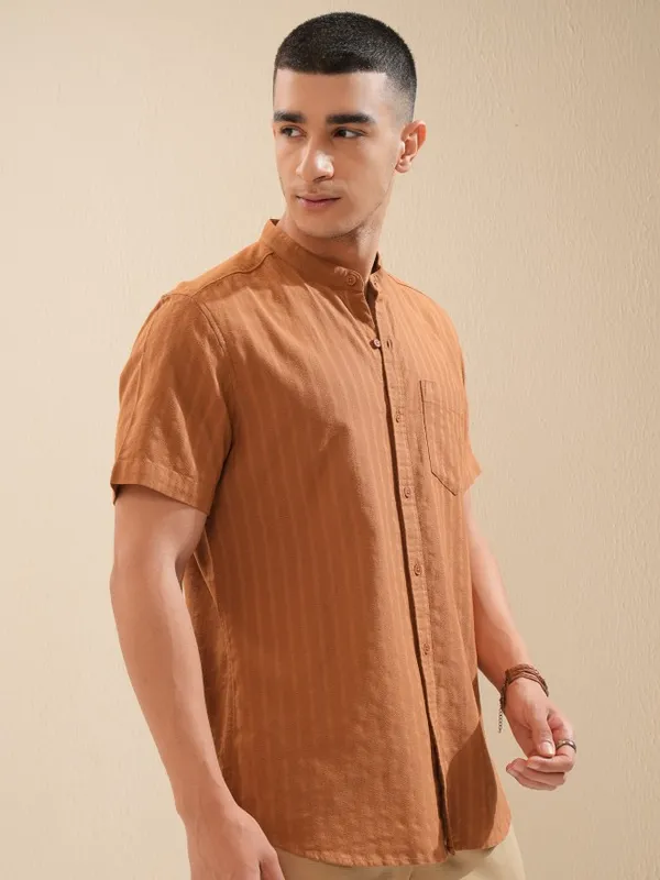 Highlander Men Brown Striped Regular Fit Casual Shirt