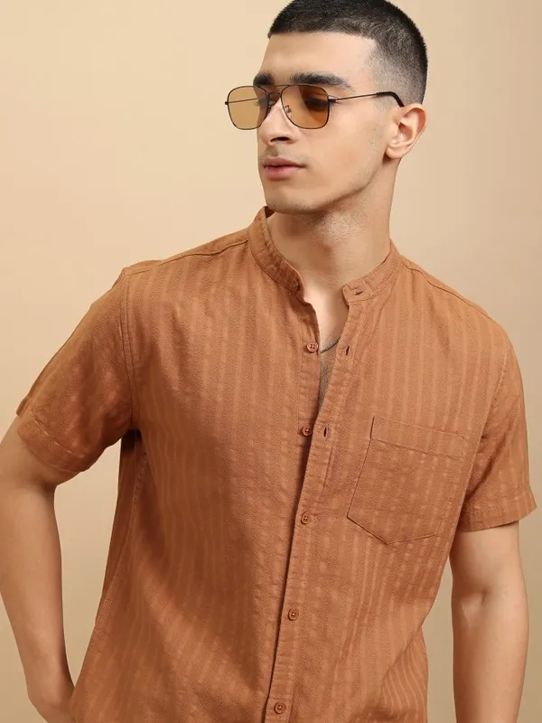 Highlander Men Brown Striped Regular Fit Casual Shirt