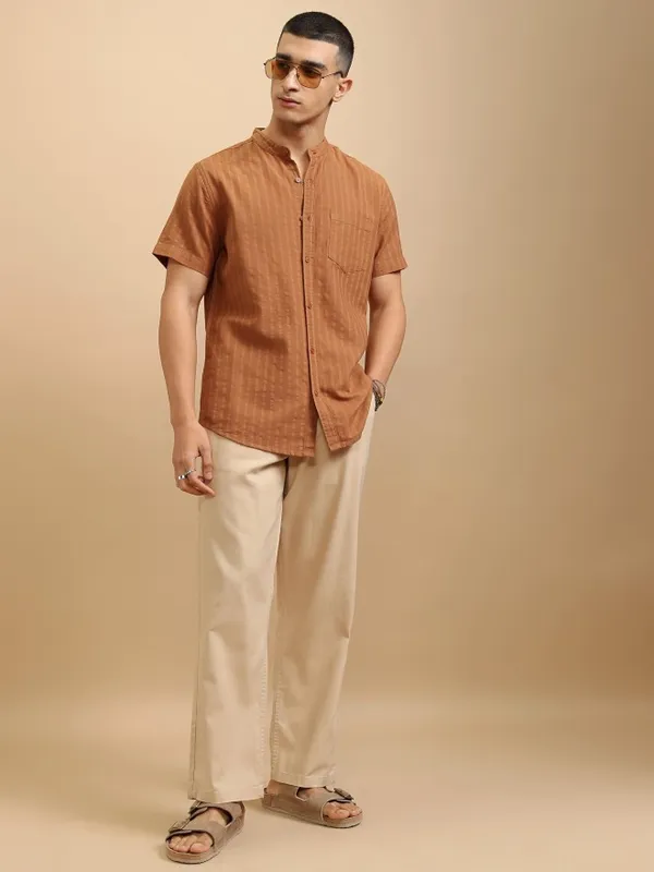 Highlander Men Brown Striped Regular Fit Casual Shirt