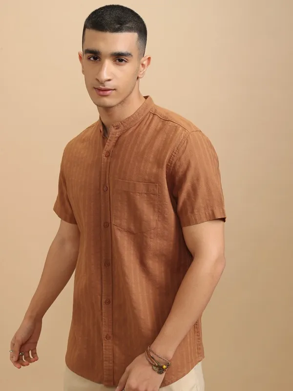Highlander Men Brown Striped Regular Fit Casual Shirt