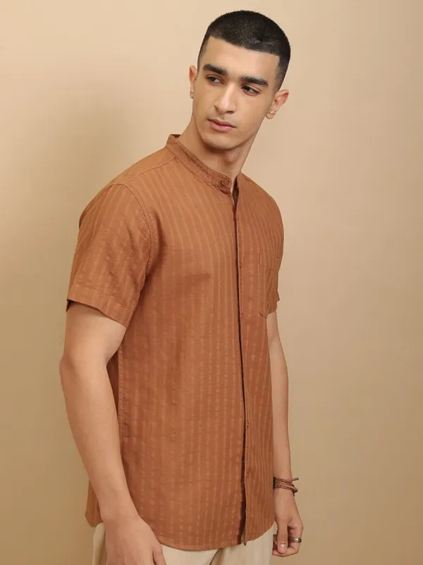 Highlander Men Brown Striped Regular Fit Casual Shirt