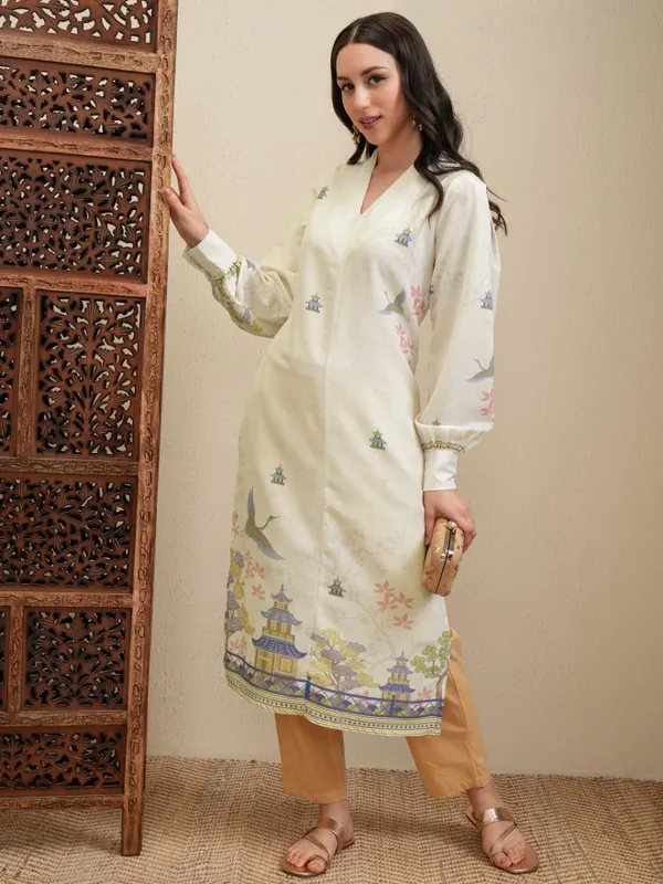 Vishudh Women Cream Printed Straight Kurta