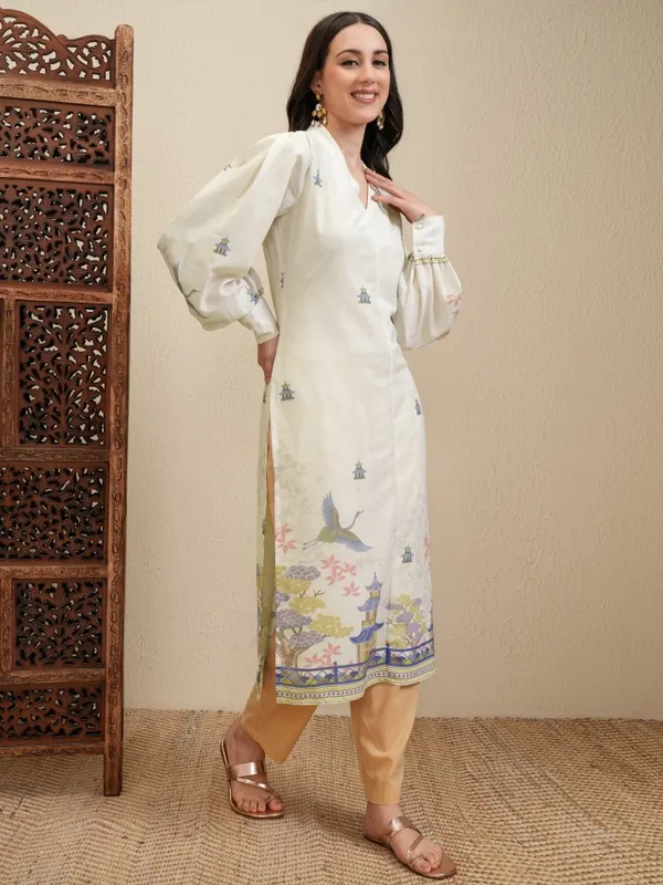 Vishudh Women Cream Printed Straight Kurta