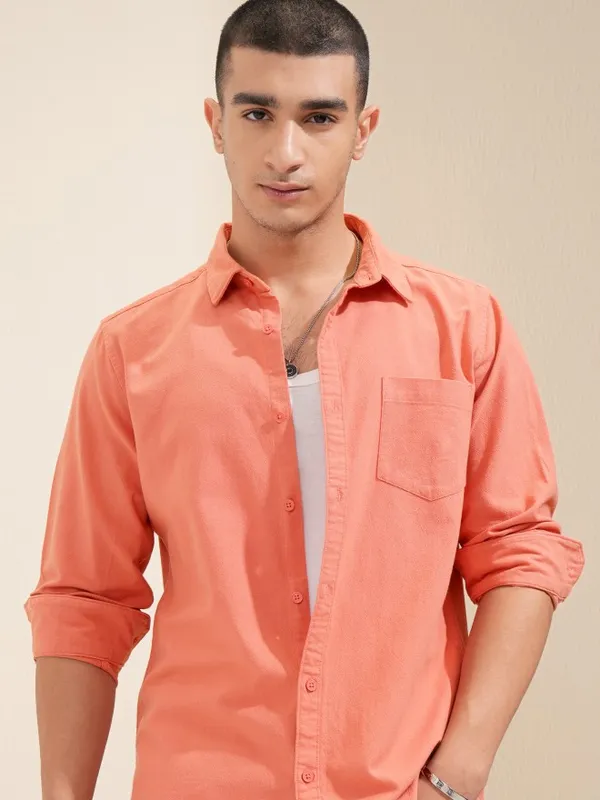 Highlander Men Orange Solid Regular Fit Casual Shirt