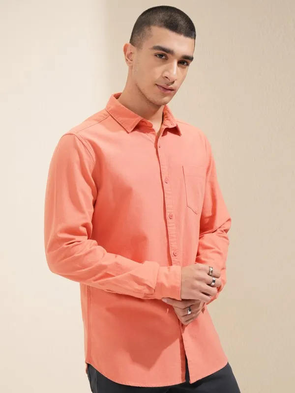 Highlander Men Orange Solid Regular Fit Casual Shirt