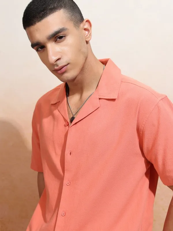 Highlander Men Orange Solid Relaxed Fit Casual Shirt