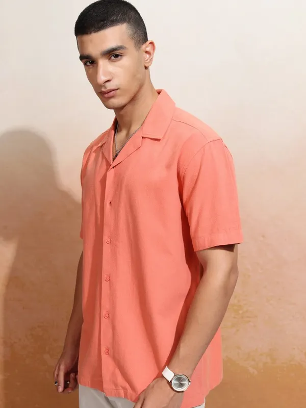 Highlander Men Orange Solid Relaxed Fit Casual Shirt