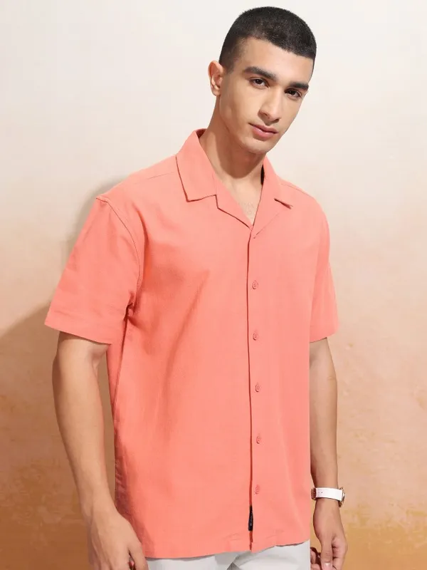 Highlander Men Orange Solid Relaxed Fit Casual Shirt