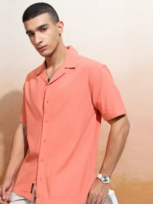 Highlander Men Orange Solid Relaxed Fit Casual Shirt