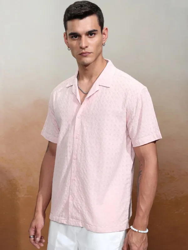 Highlander Men Pink Textured Relaxed Fit Casual Shirt