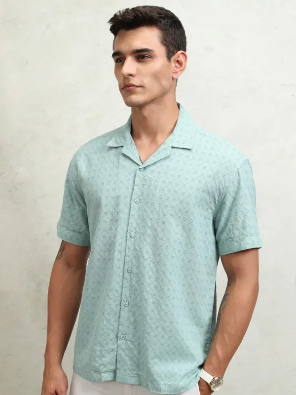 Highlander Men Green Textured Relaxed Fit Casual Shirt