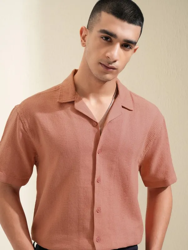 Highlander Men Rust Self Design Relaxed Fit Casual Shirt