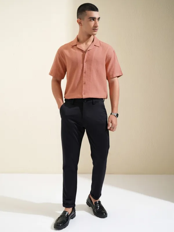 Highlander Men Rust Self Design Relaxed Fit Casual Shirt