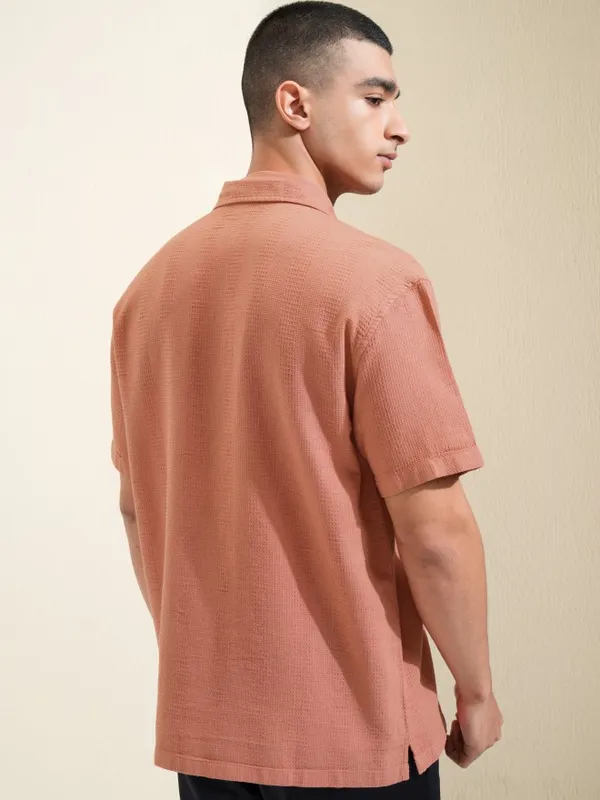 Highlander Men Rust Self Design Relaxed Fit Casual Shirt