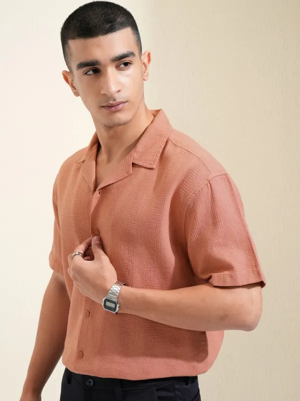 Highlander Men Rust Self Design Relaxed Fit Casual Shirt