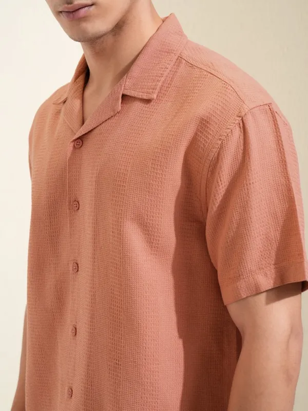Highlander Men Rust Self Design Relaxed Fit Casual Shirt