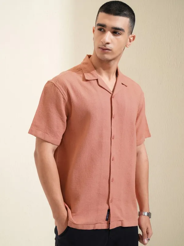 Highlander Men Rust Self Design Relaxed Fit Casual Shirt