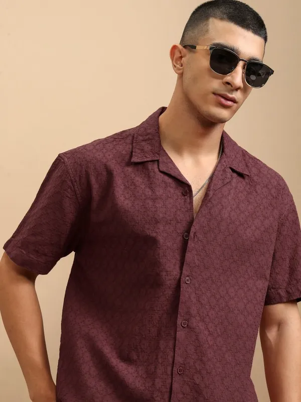 Highlander Men Burgundy Textured Relaxed Fit Casual Shirt